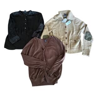 GAP Women's Bundle 3 Tops Size L: Patch Pocket Cardigan,  Blouse, and Button-Up